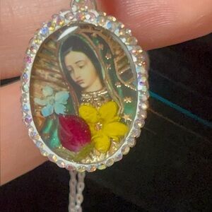 Genuine Flowers 925 Sterling Silver AB Crystal Madonna “Mother Mary” Necklace